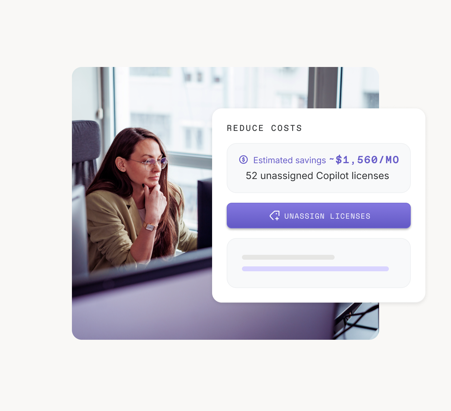 ShareGate Protect cost reduction panel showing estimated savings of $1,560 per month by unassigning licenses from 52 users not actively using Copilot