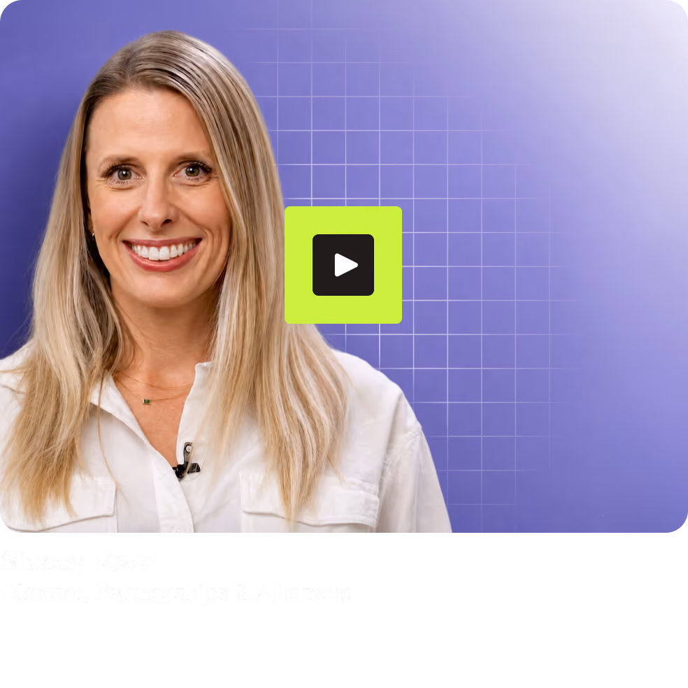 Smiling blonde woman in white shirt with purple grid background and green play button overlay.
