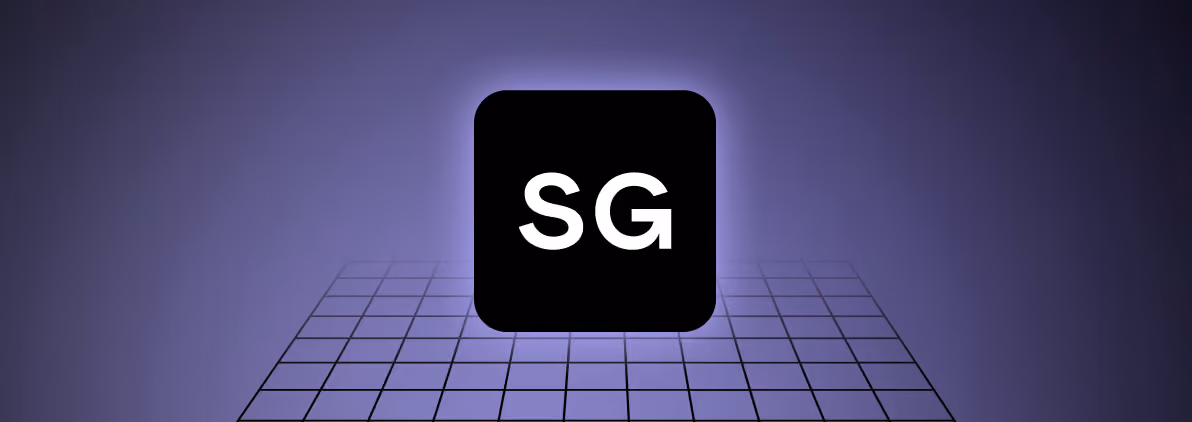 Black square with white letters SG glowing on a purple gradient background with grid floor.