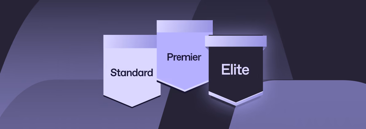 Three overlapping banners labeled Standard, Premier, and Elite in shades of purple on a gradient background.