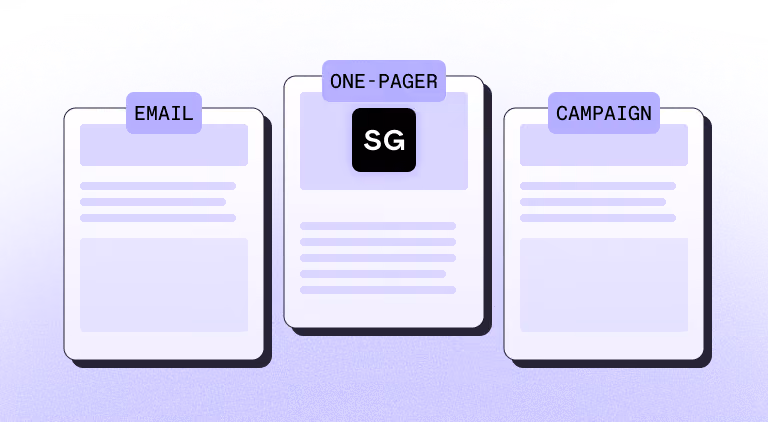 Three documents labeled Email, One-Pager with SG logo, and Campaign on a purple background.