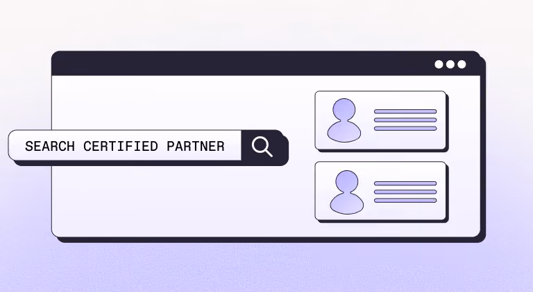 Browser window with search bar labeled 'SEARCH CERTIFIED PARTNER' and two user profile cards on the right.