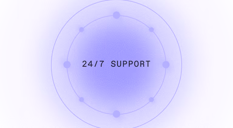 Text '24/7 SUPPORT' centered within two concentric circles and small dots on a purple gradient background.