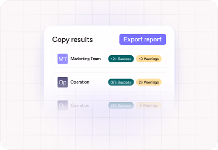 Interface showing marketing and operation team results with successes and warnings and export report button.
