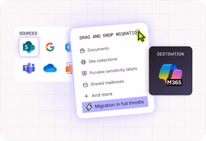 Drag and drop migration of documents, site collections, labels, mailboxes to Microsoft 365 destination.