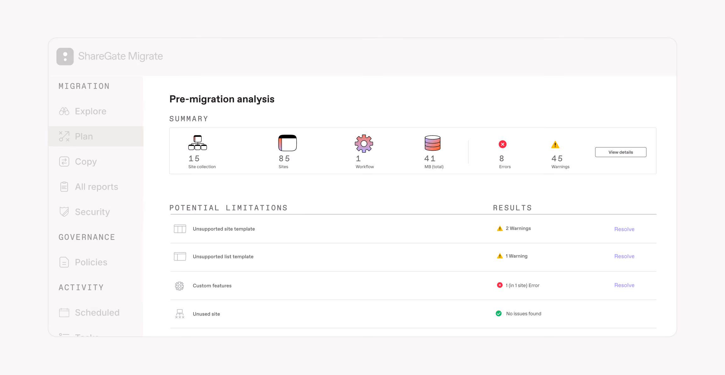ShareGate Migrate pre-migration analysis flagging unsupported templates, errors and warnings to resolve before migrating