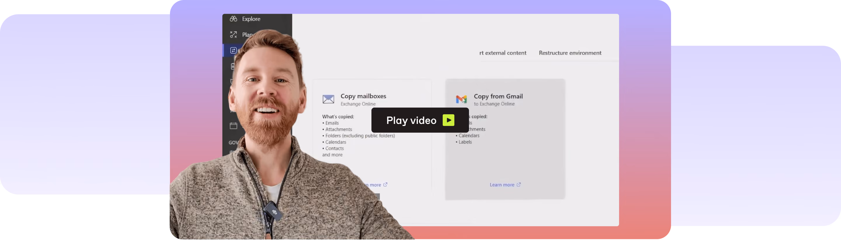 ShareGate expert presenting the Copy mailboxes and Copy from Gmail migration options in a video walkthrough