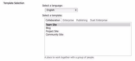 Office 365 Sites Template Selection