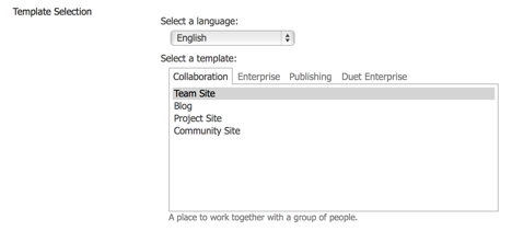 Office 365 Sites Template Selection