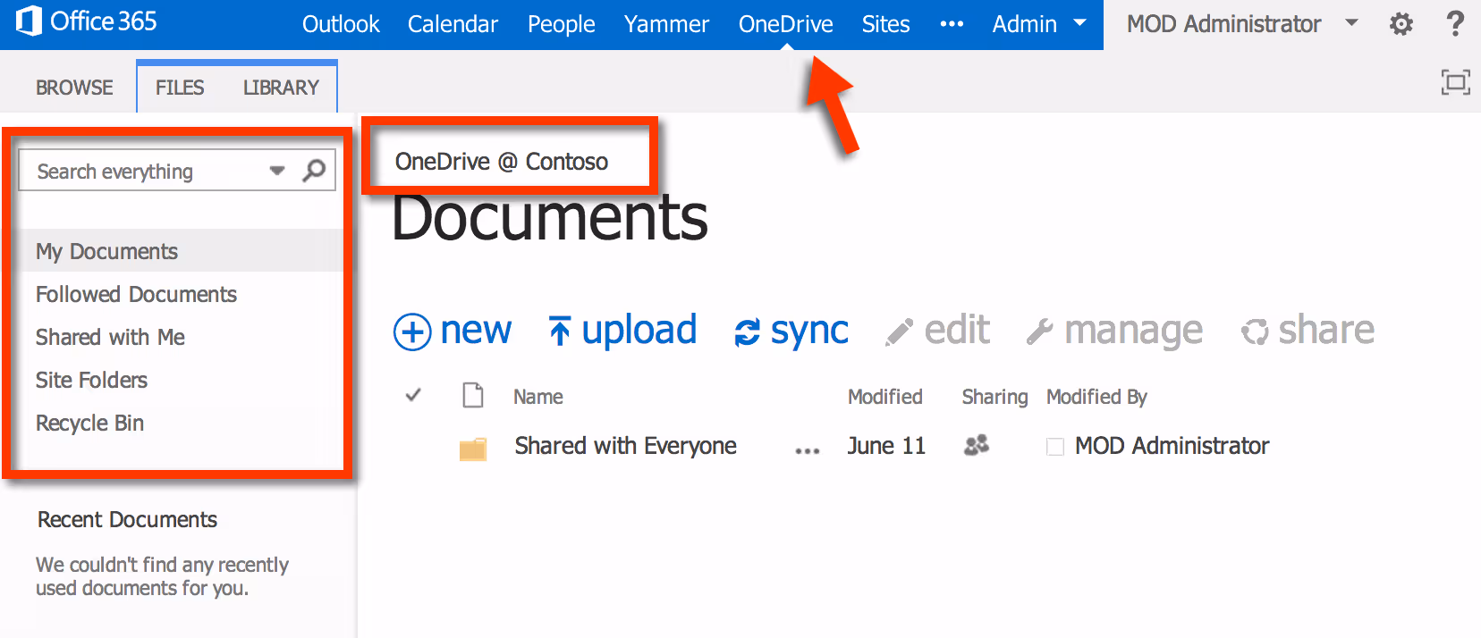 OneDrive for Business User Interface