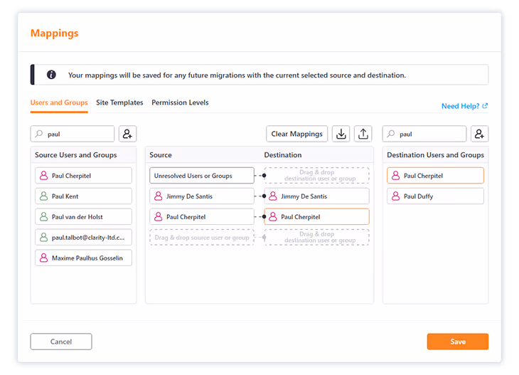 Replace a user or group directly inside an action with the Users and Groups mapping feature.