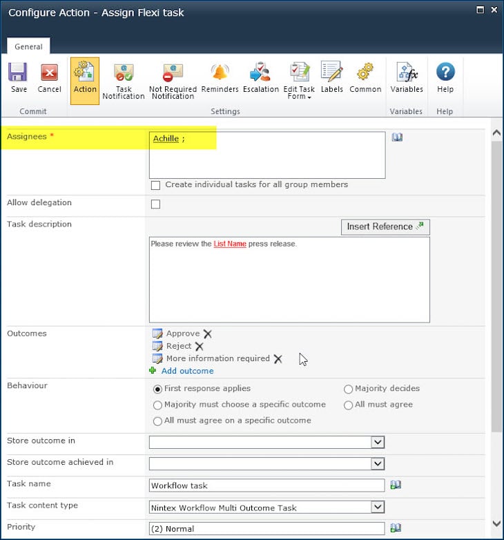Update the Assignees parameter inside the Assign Flexi task action.