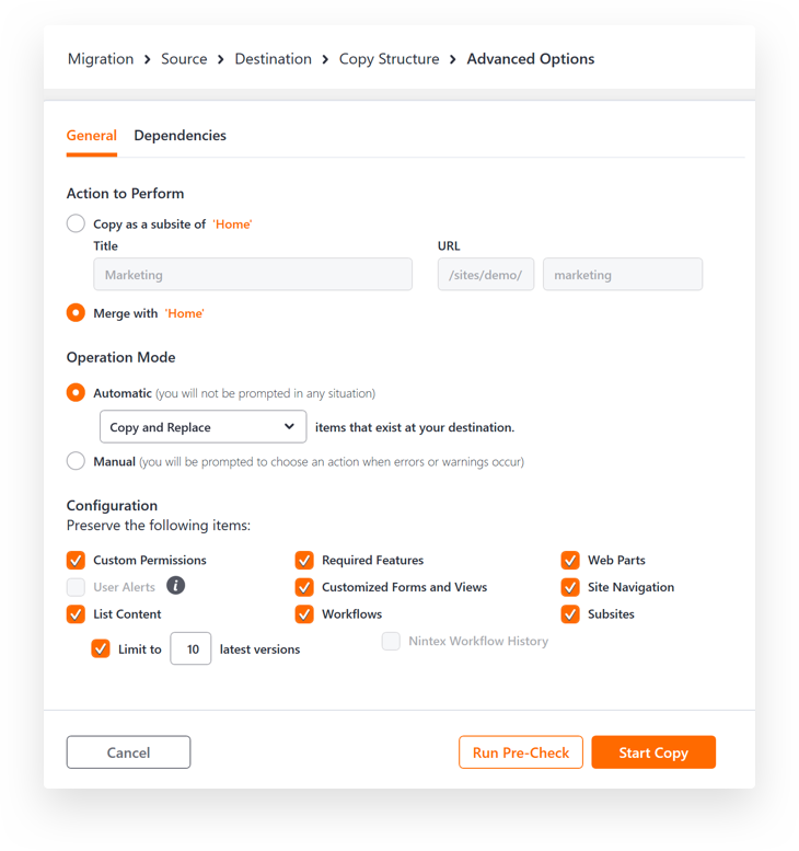 Advanced Options for Site Migration to Office 365