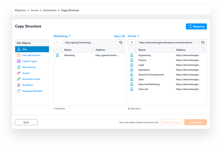 Copy Structure Interface in Sharegate