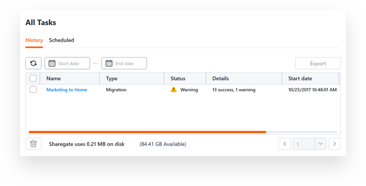 Migration Report Available in the All Tasks Panel