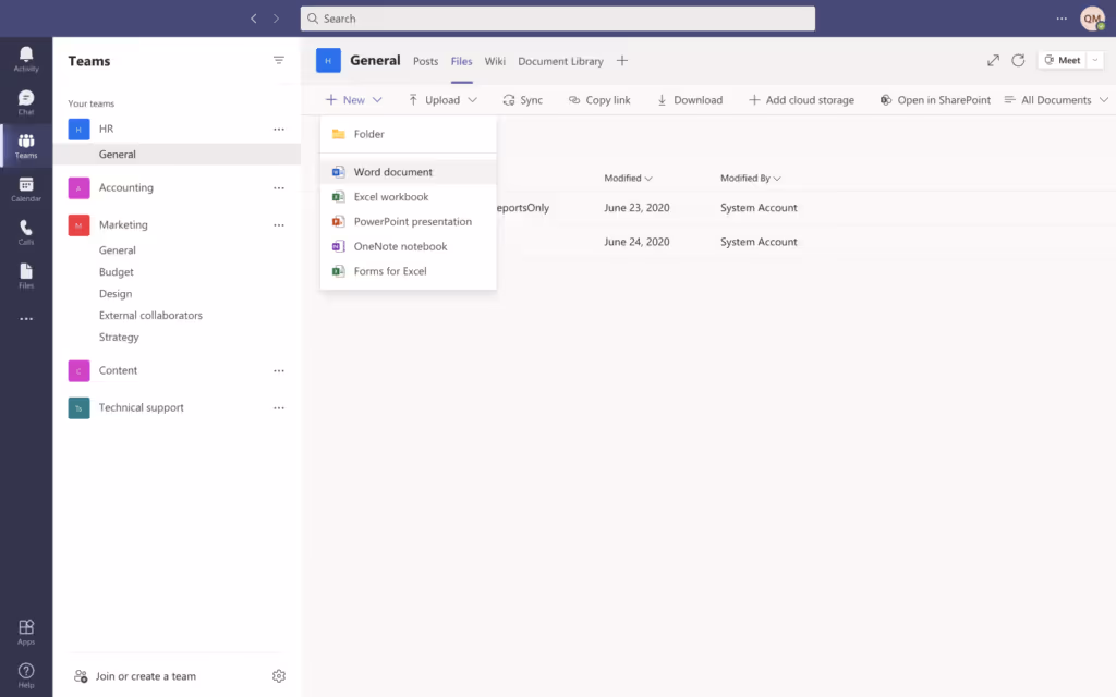 Create Office Online documents within the Microsoft Teams app