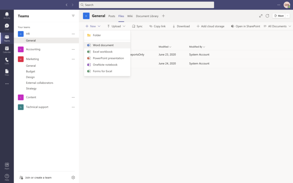 Create Office Online documents within the Microsoft Teams app