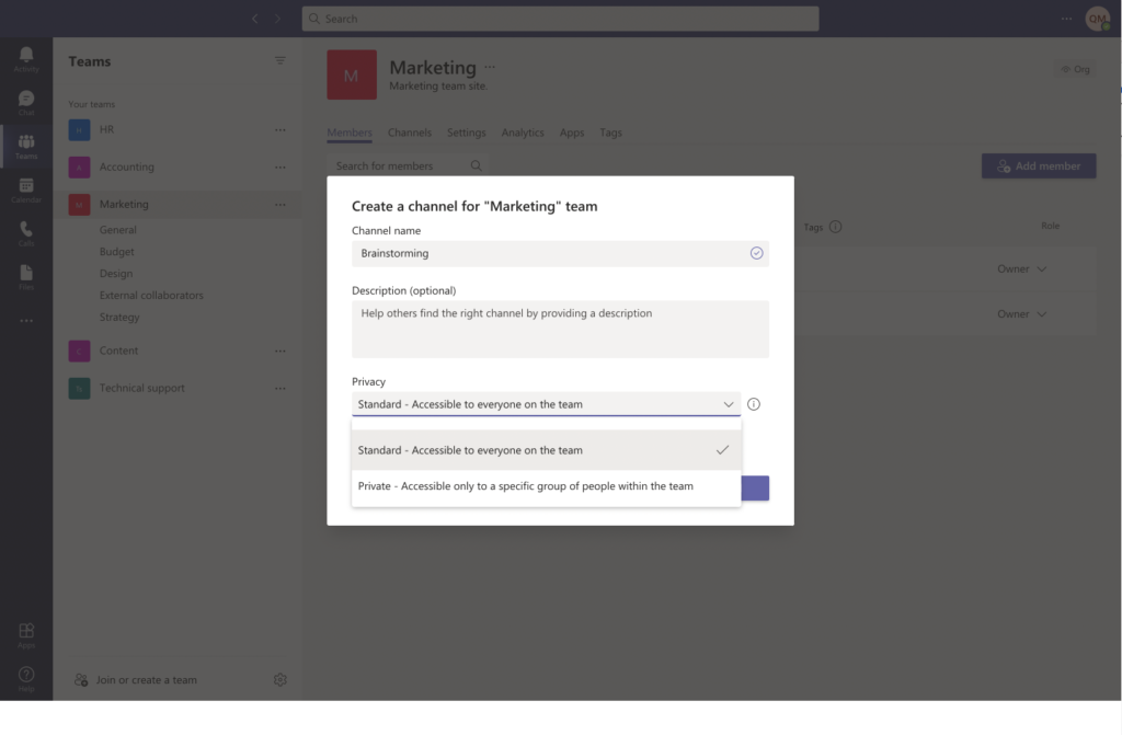 Create a public channel in Microsoft Teams 