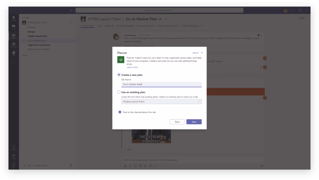 Creating a new Planner tab in Microsoft Teams