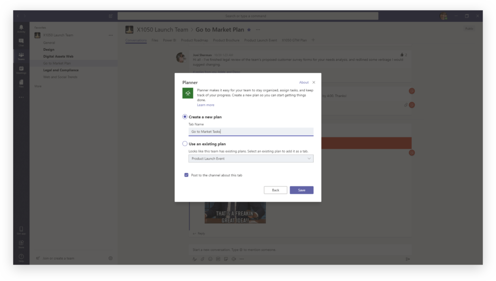 Creating a new Planner tab in Microsoft Teams