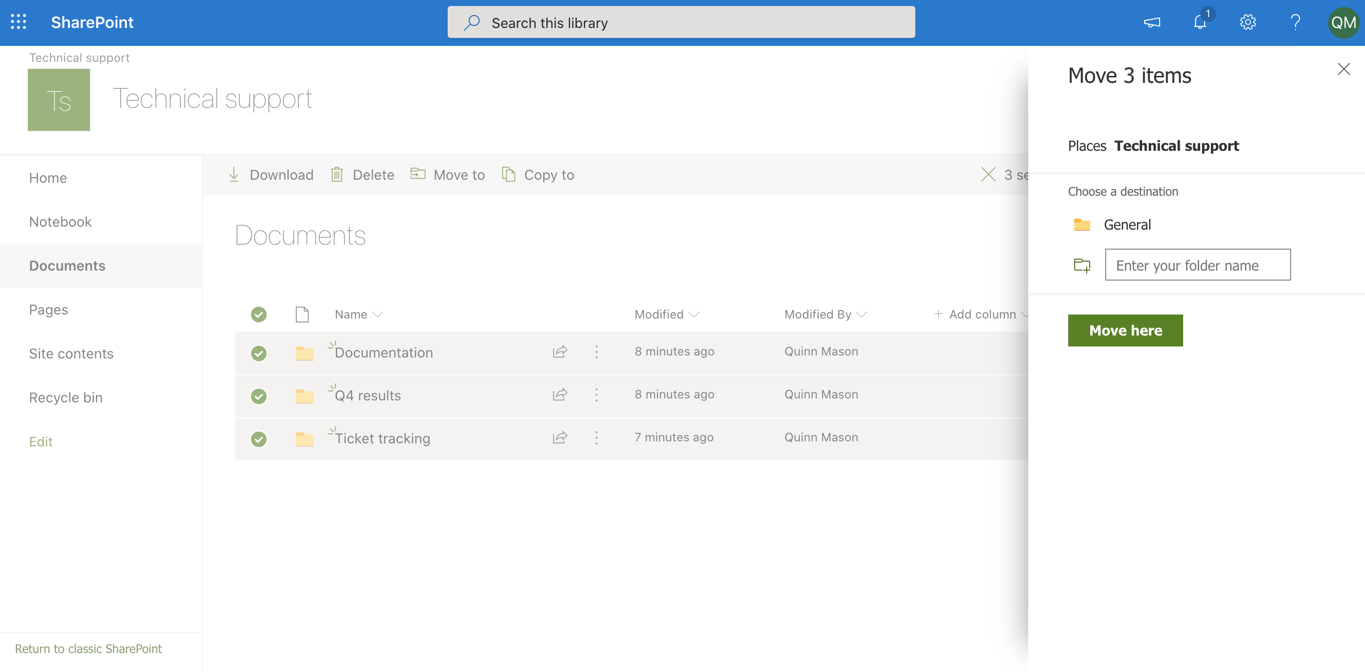 Create a new folder to move content to