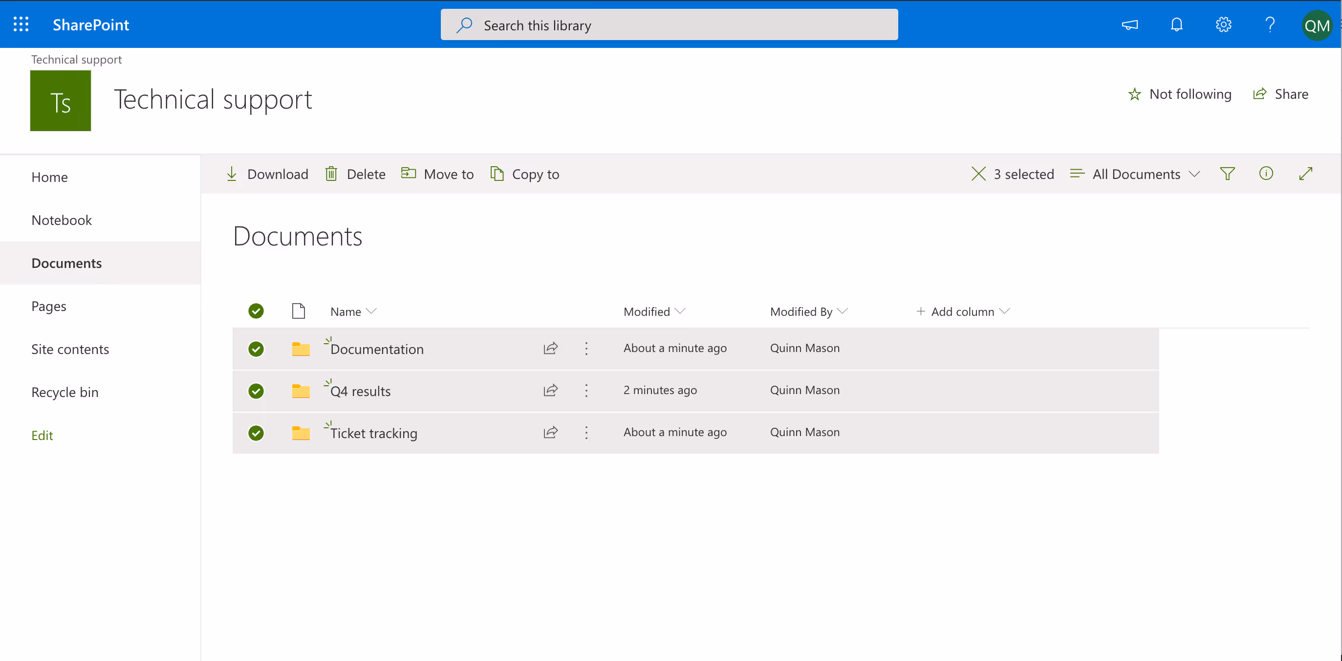 Image of subsite document library with folders selected.