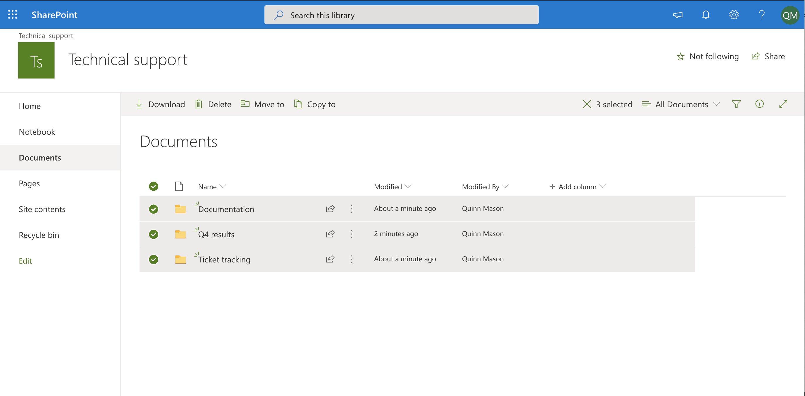 Image of subsite document library with folders selected.