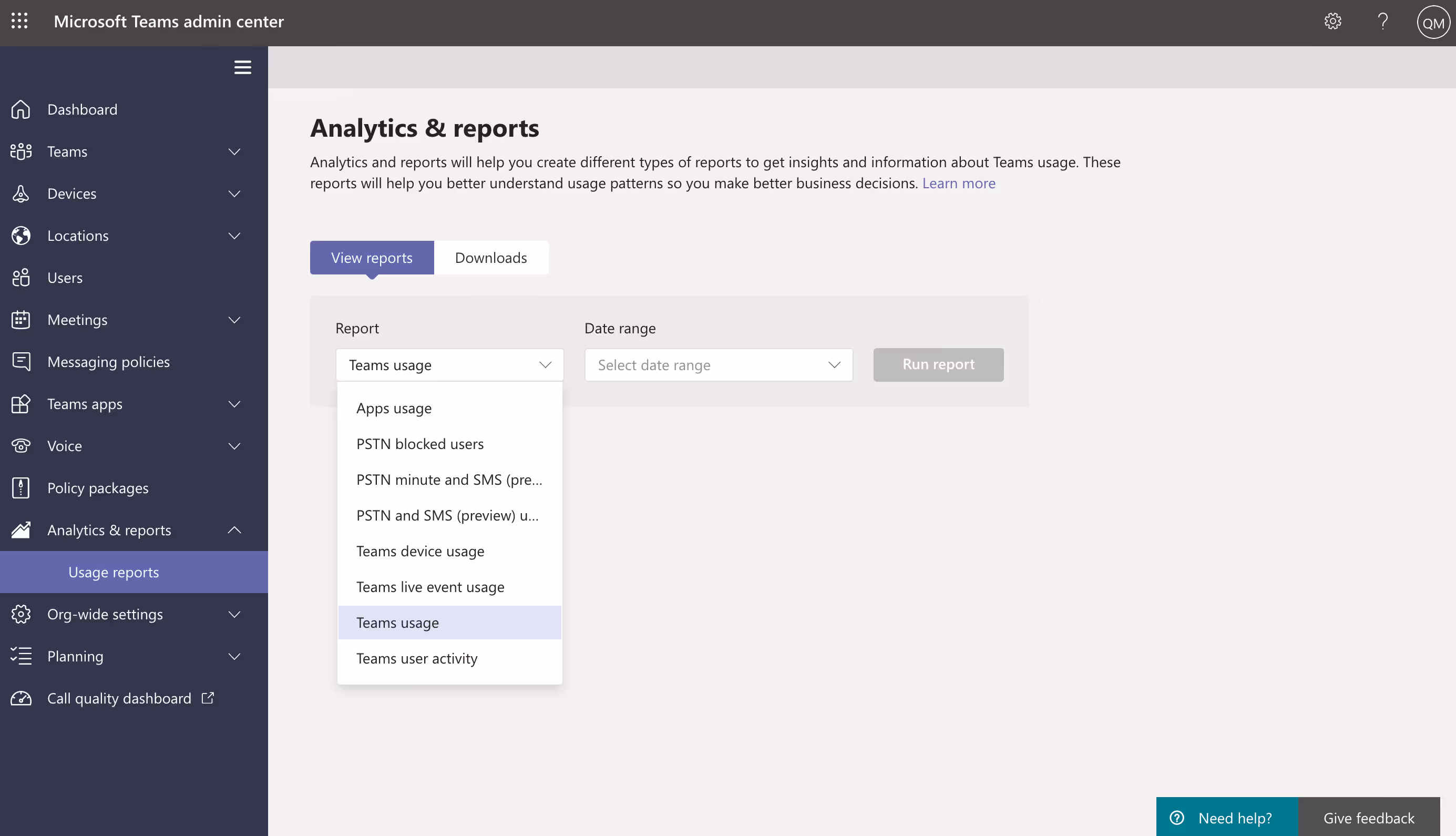 Screenshot of Usage reports in Teams admin center.