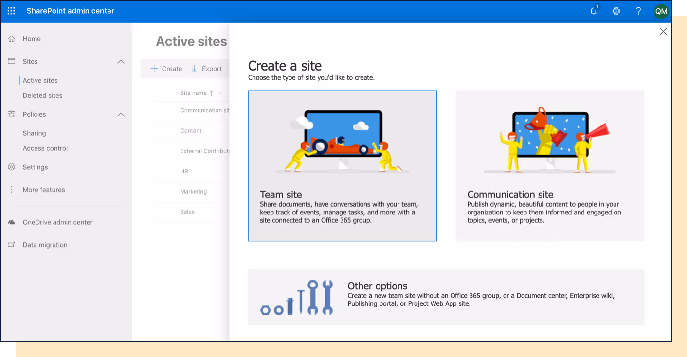 screenshot of create a site panel in SharePoint admin center.