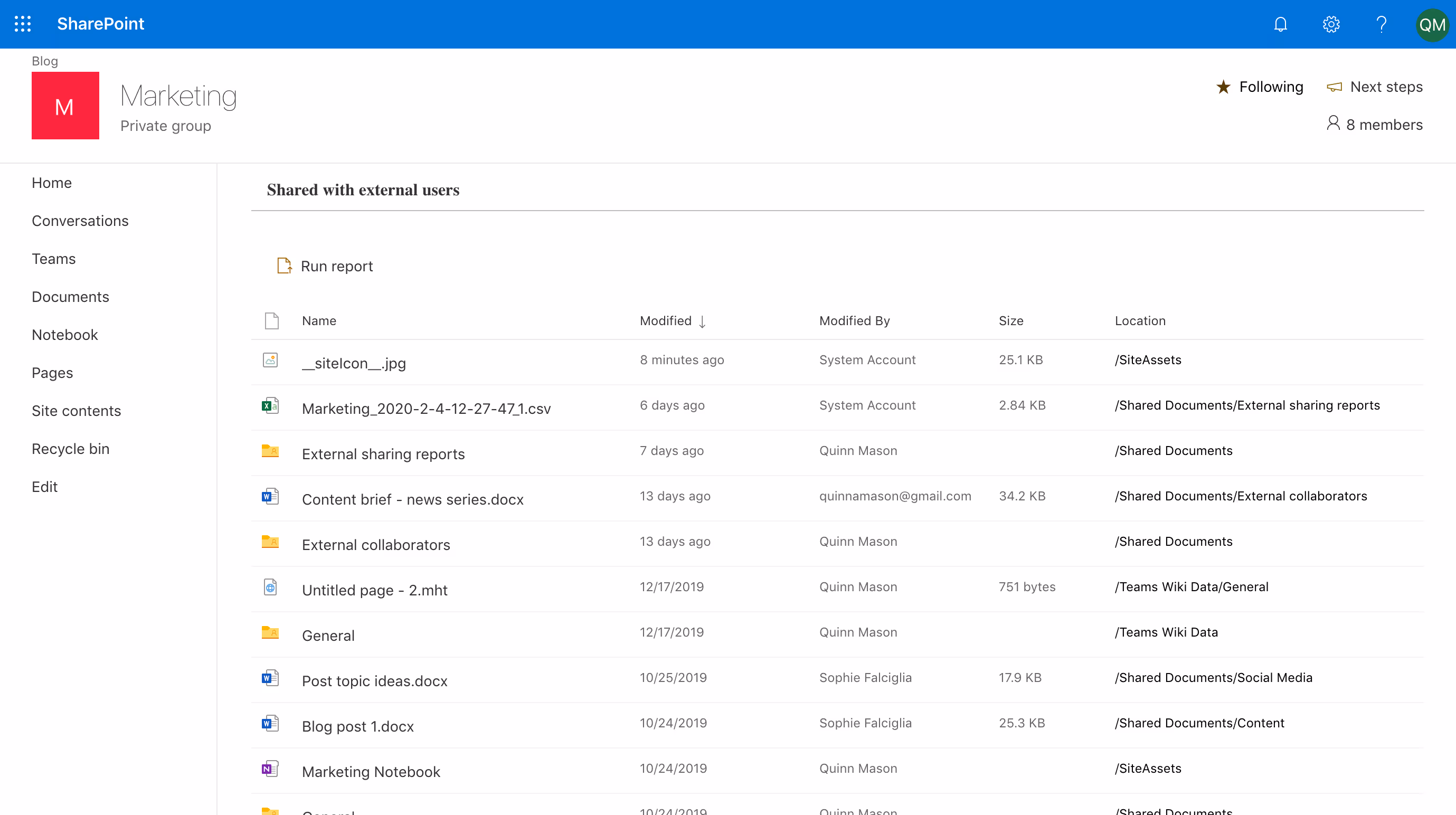 Run external sharing report for a SharePoint team site.
