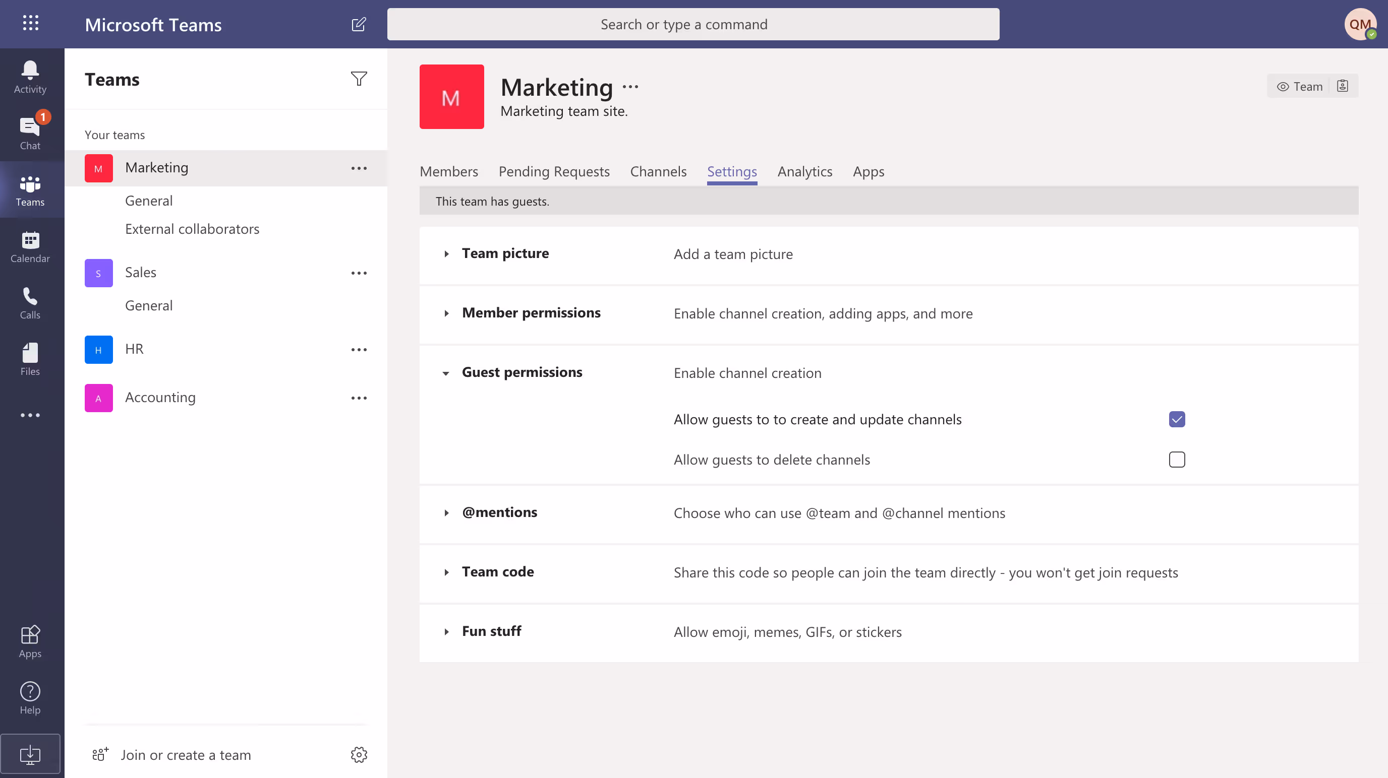 Guest user permissions in the Teams app.