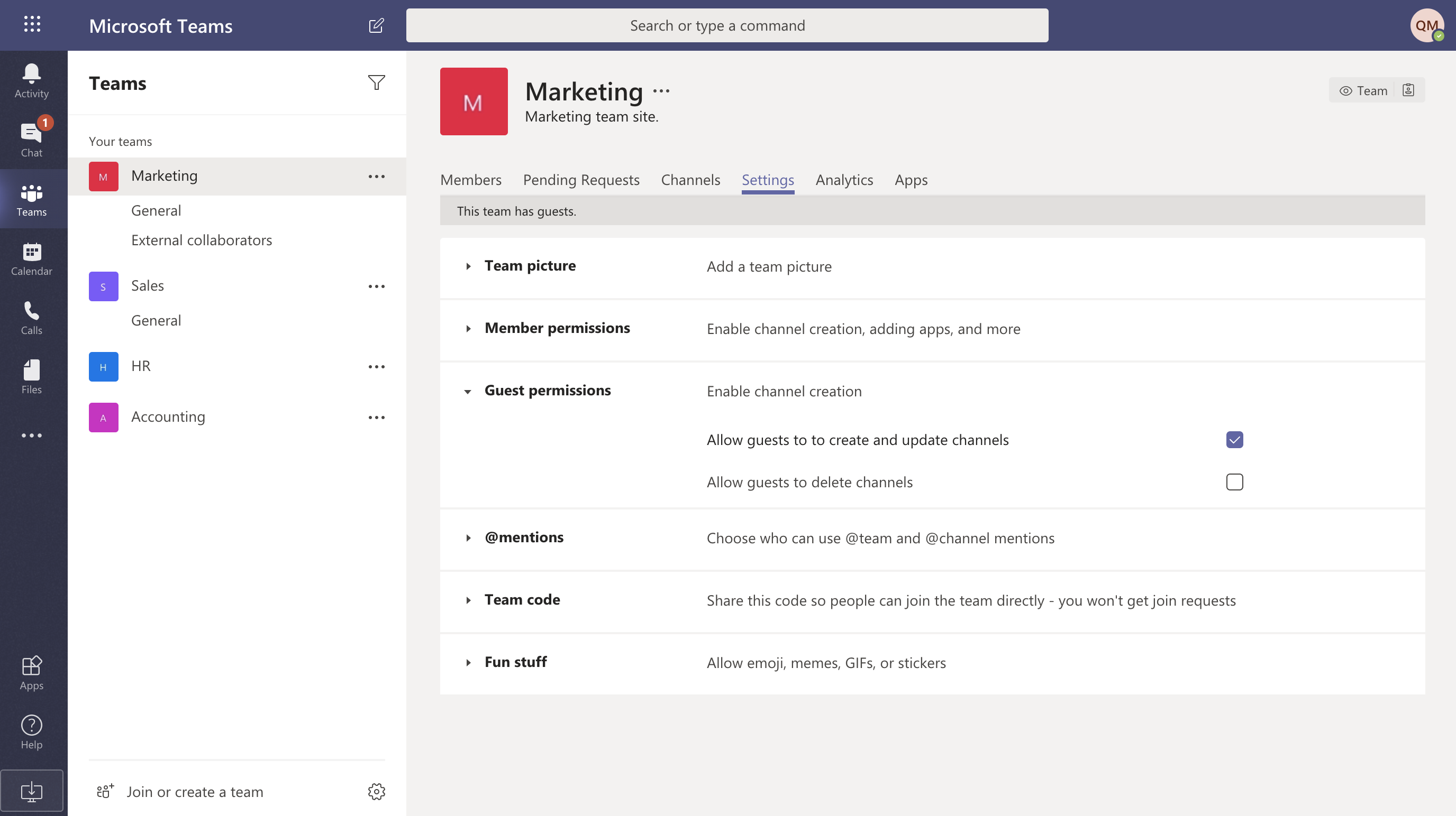 Guest user permissions in the Teams app.