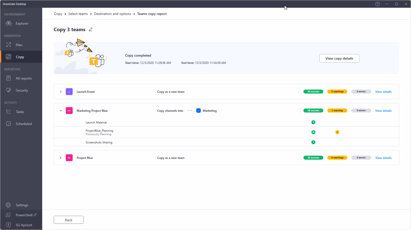 screenshot of ShareGate teams migration report.