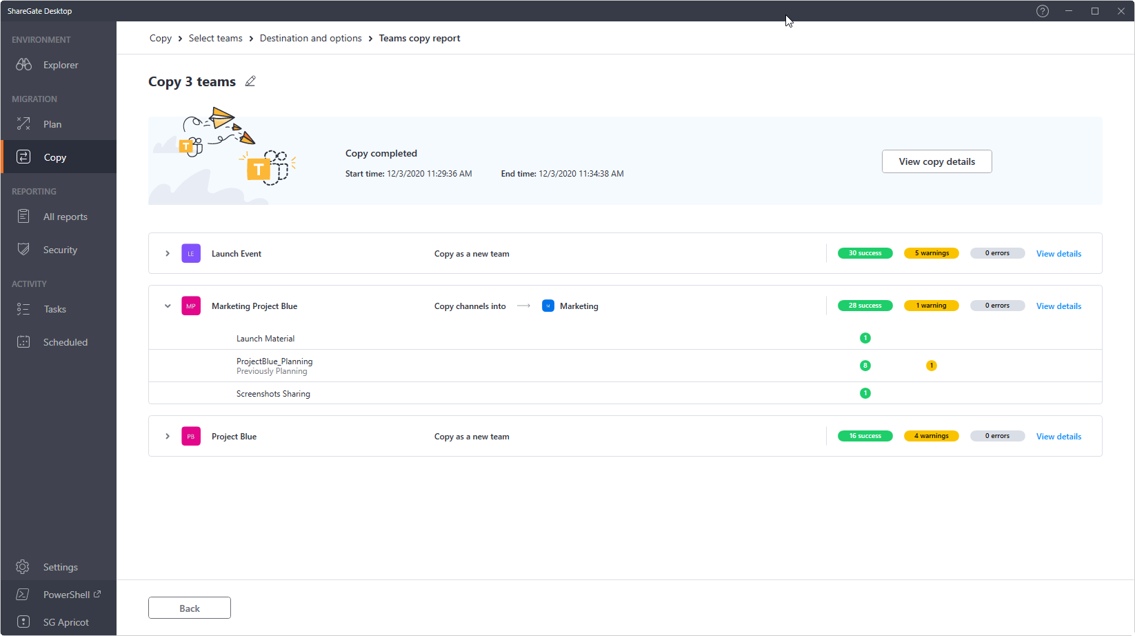 screenshot of ShareGate teams migration report.