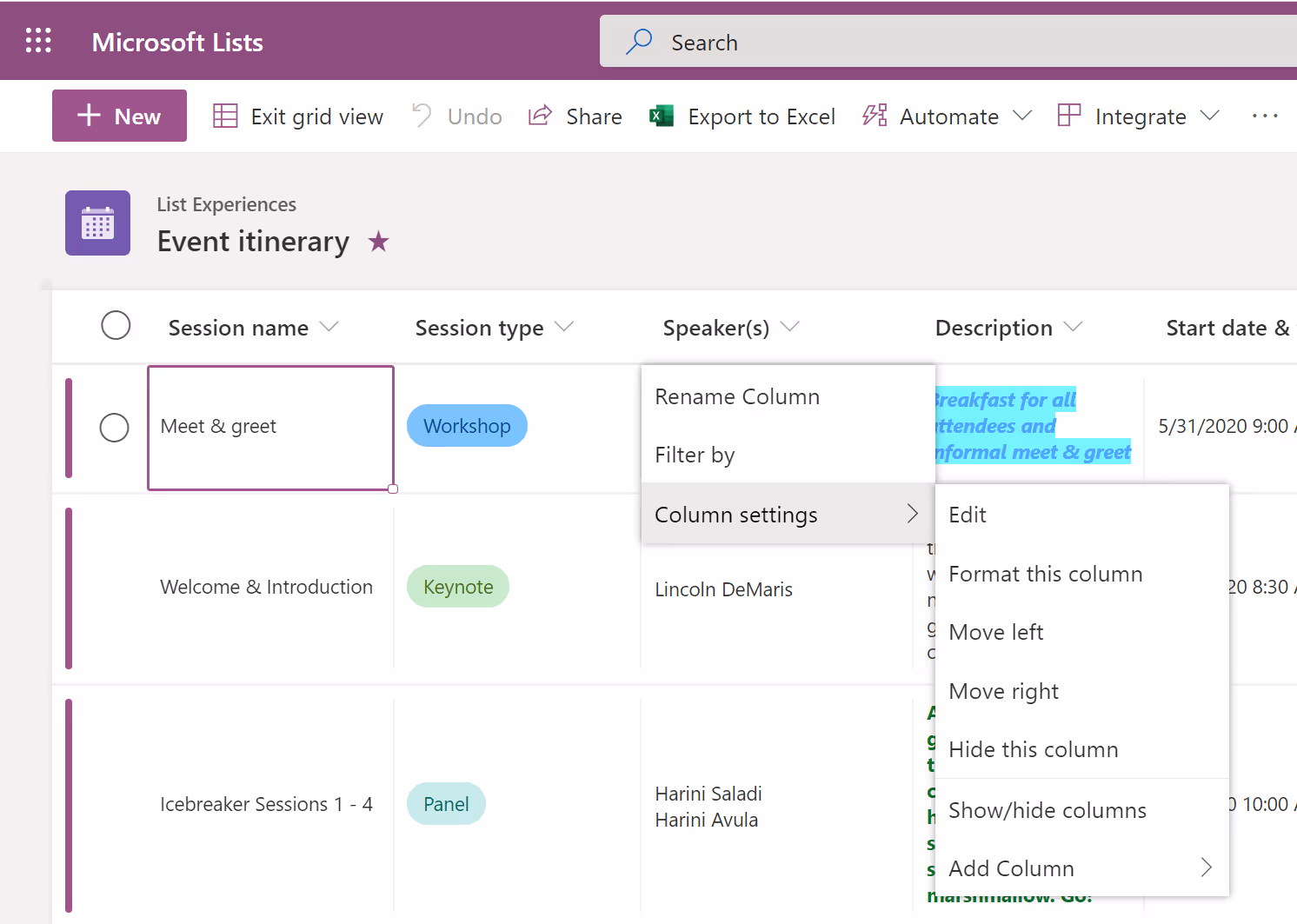 screenshot of new "Grid" view in Lists.