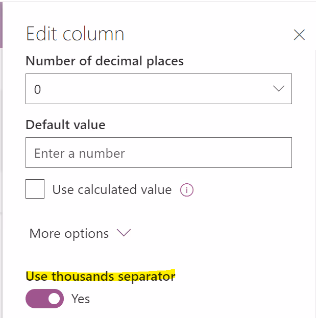 Image of Edit column pane with new thousand separator toggle.