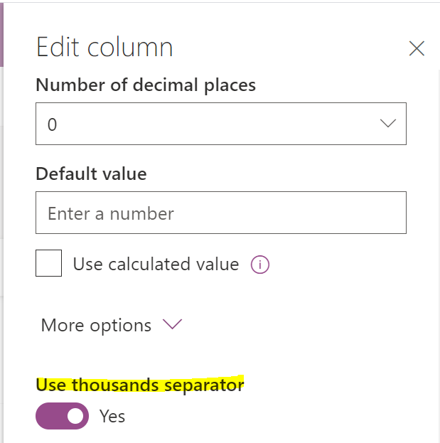 Image of Edit column pane with new thousand separator toggle.