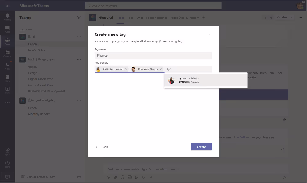 Screenshot of user creating a new tag in Teams.