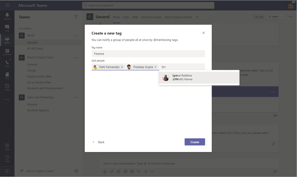 Screenshot of user creating a new tag in Teams.