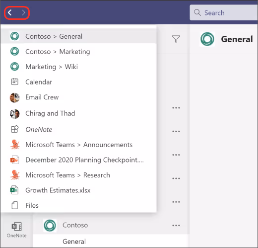 Screenshot of History menu in Teams.