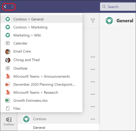 Screenshot of History menu in Teams.