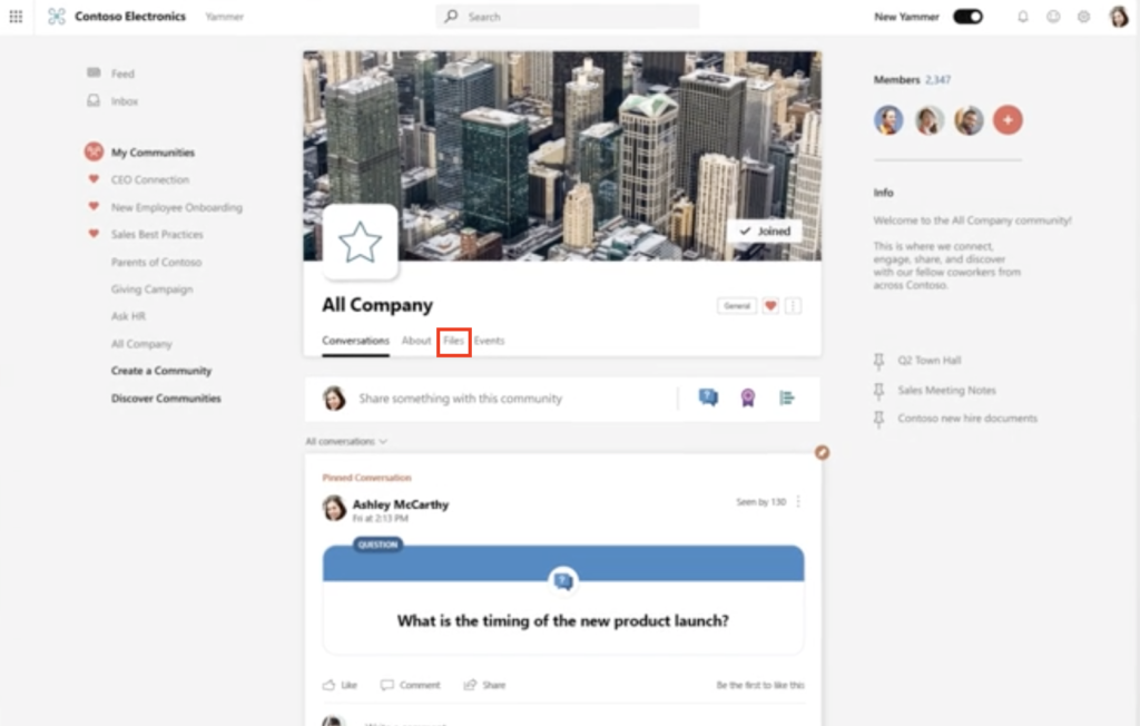 Yammer navigation files tab