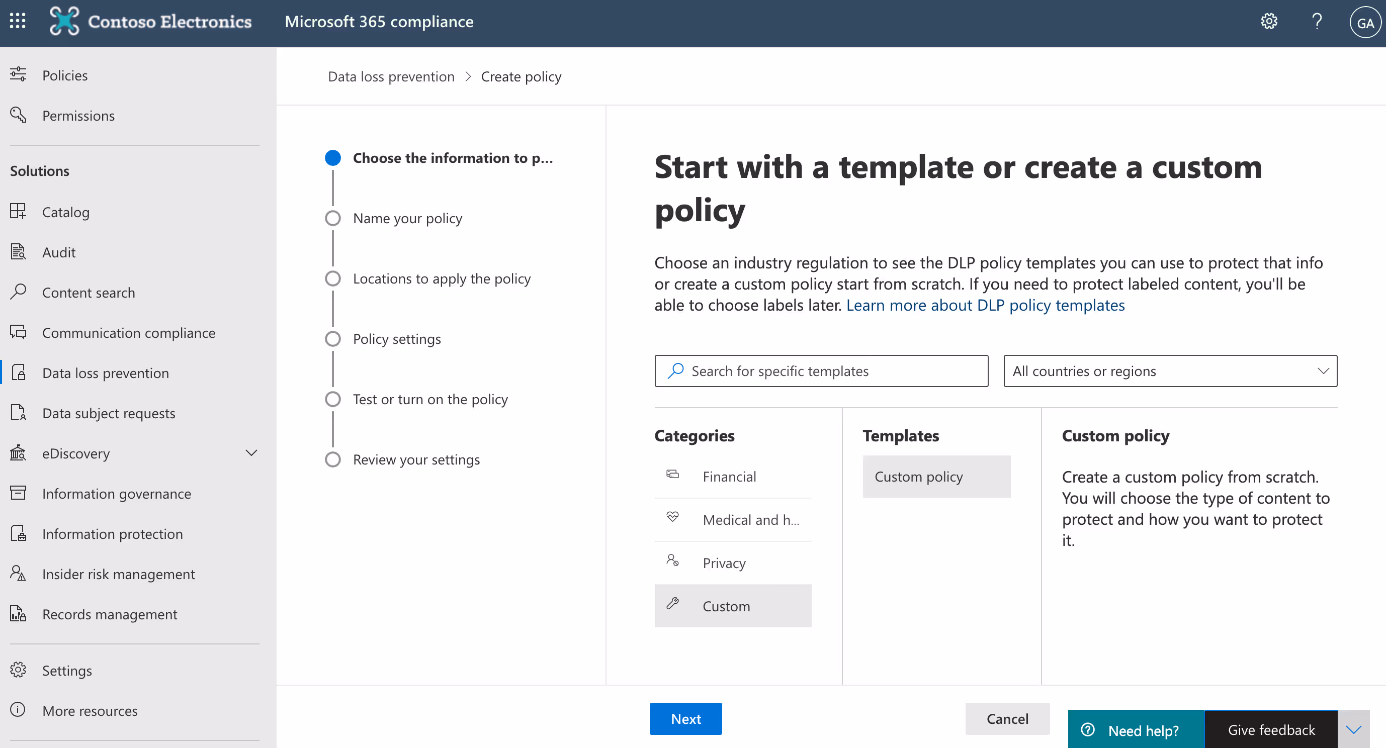 Screenshot of Data loss prevention Create policy wizard.