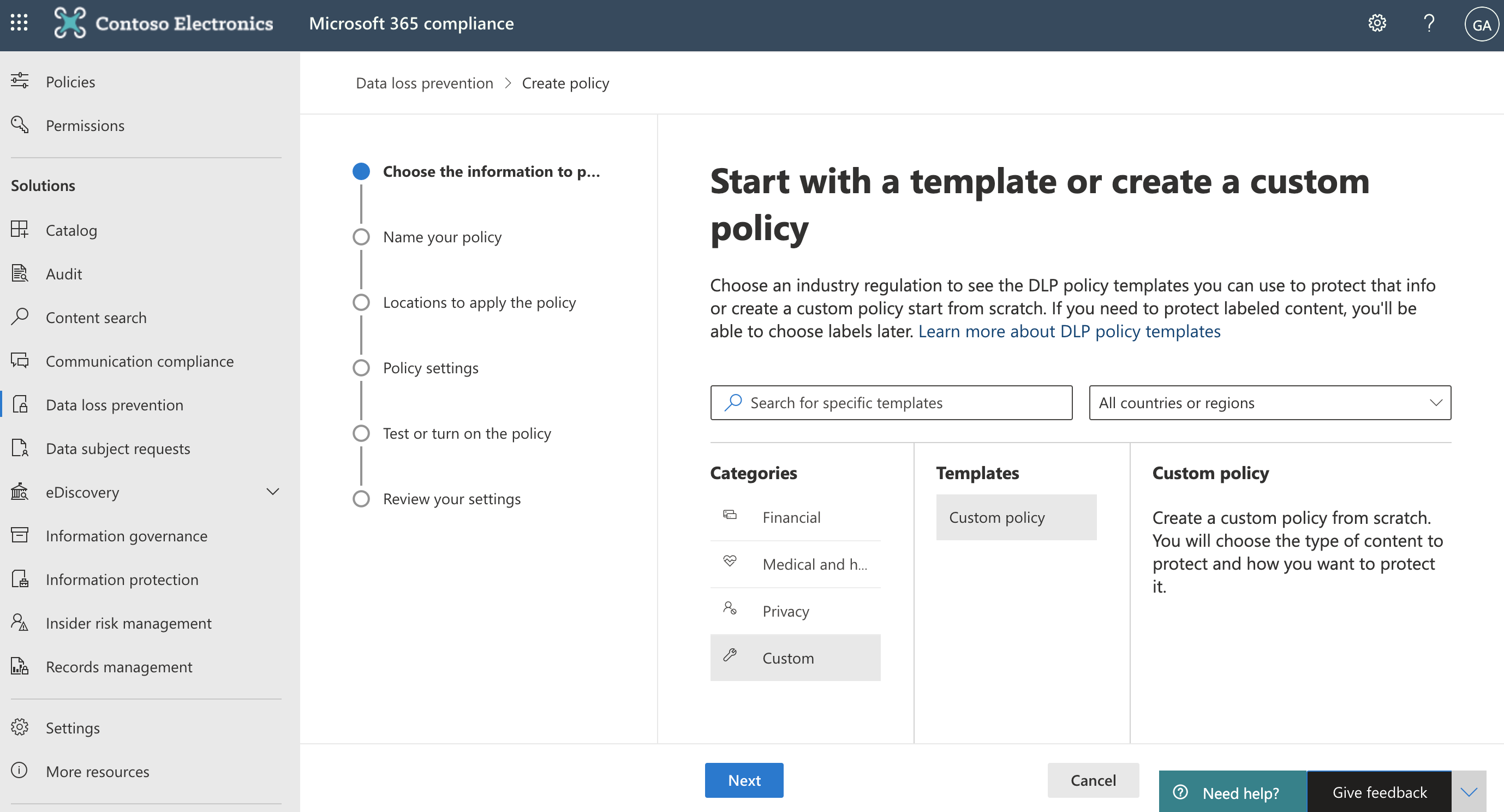 Screenshot of Data loss prevention Create policy wizard.