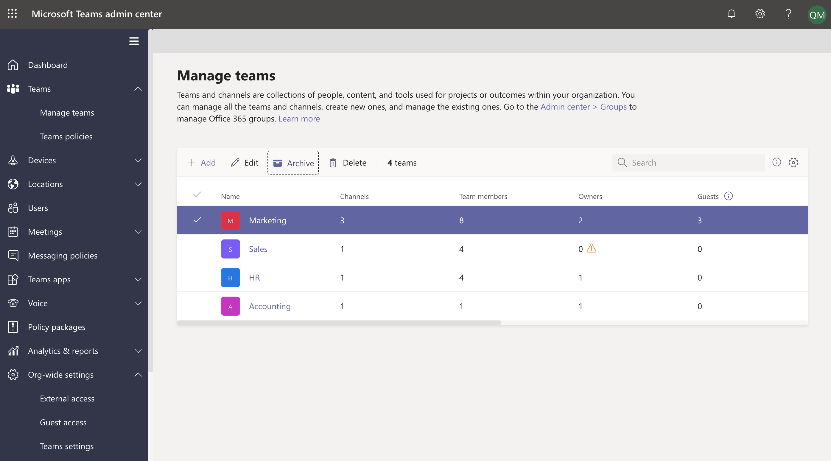 Archive a team in the admin center.
