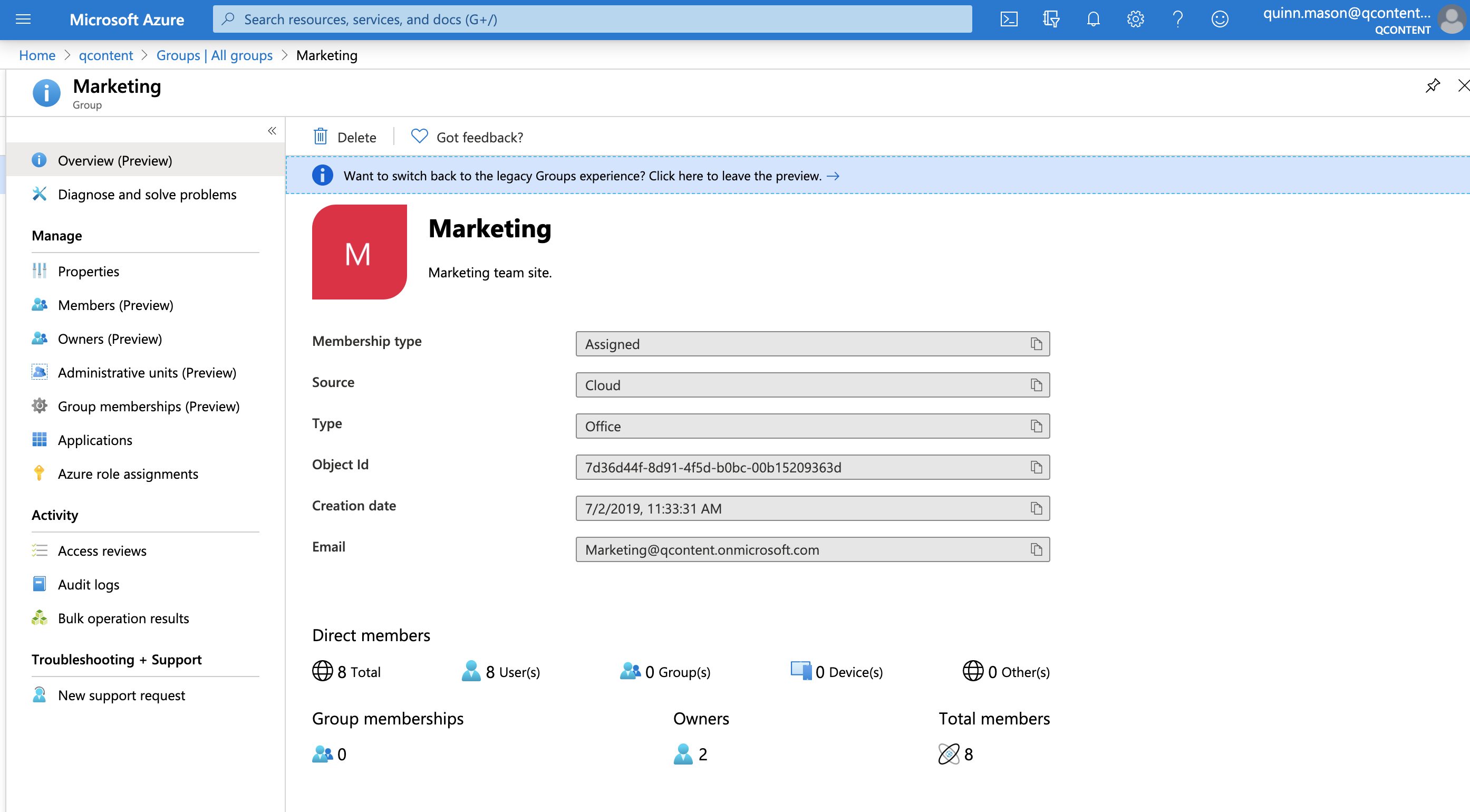 Group settings in Azure AD.
