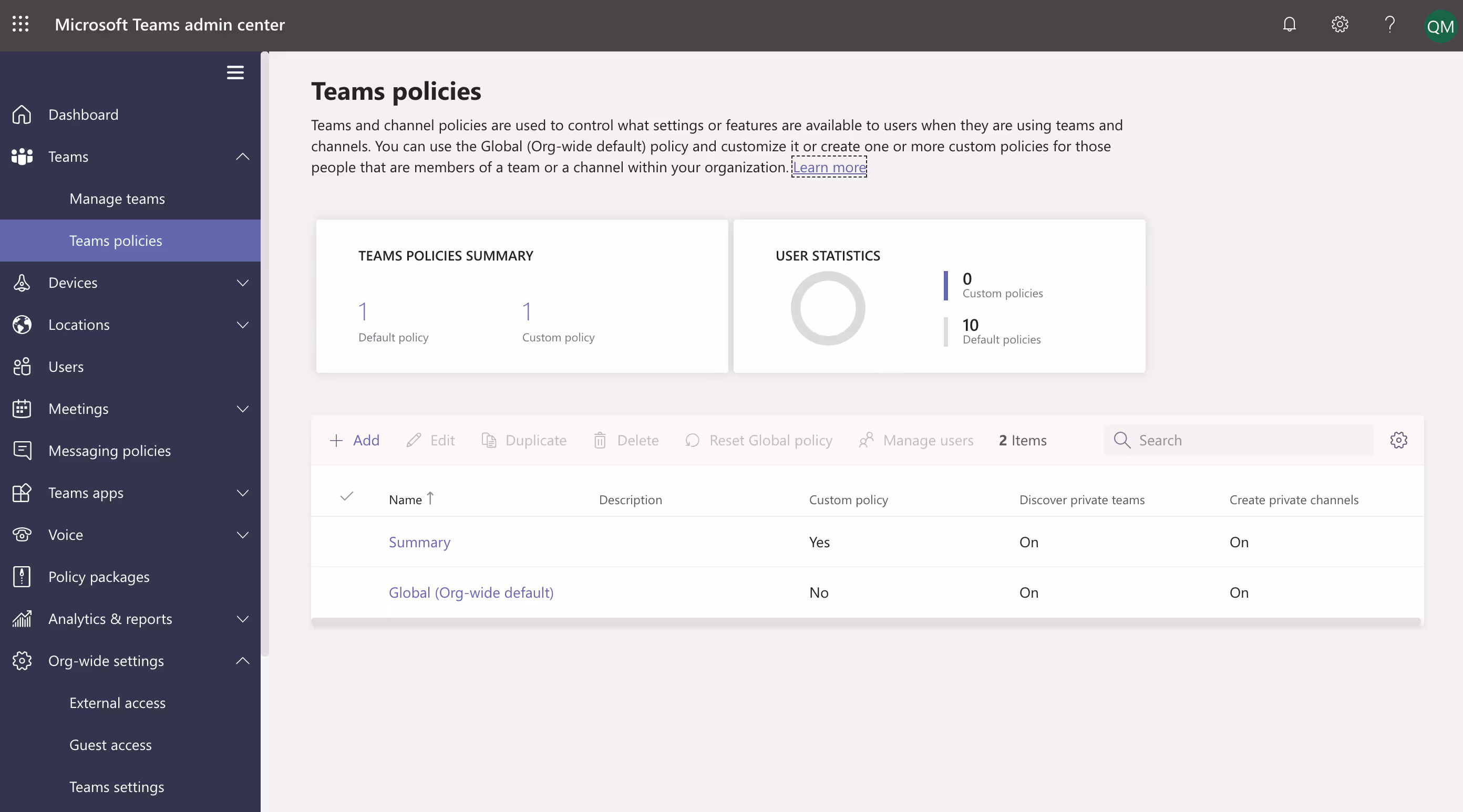 Teams policies in Teams admin center.