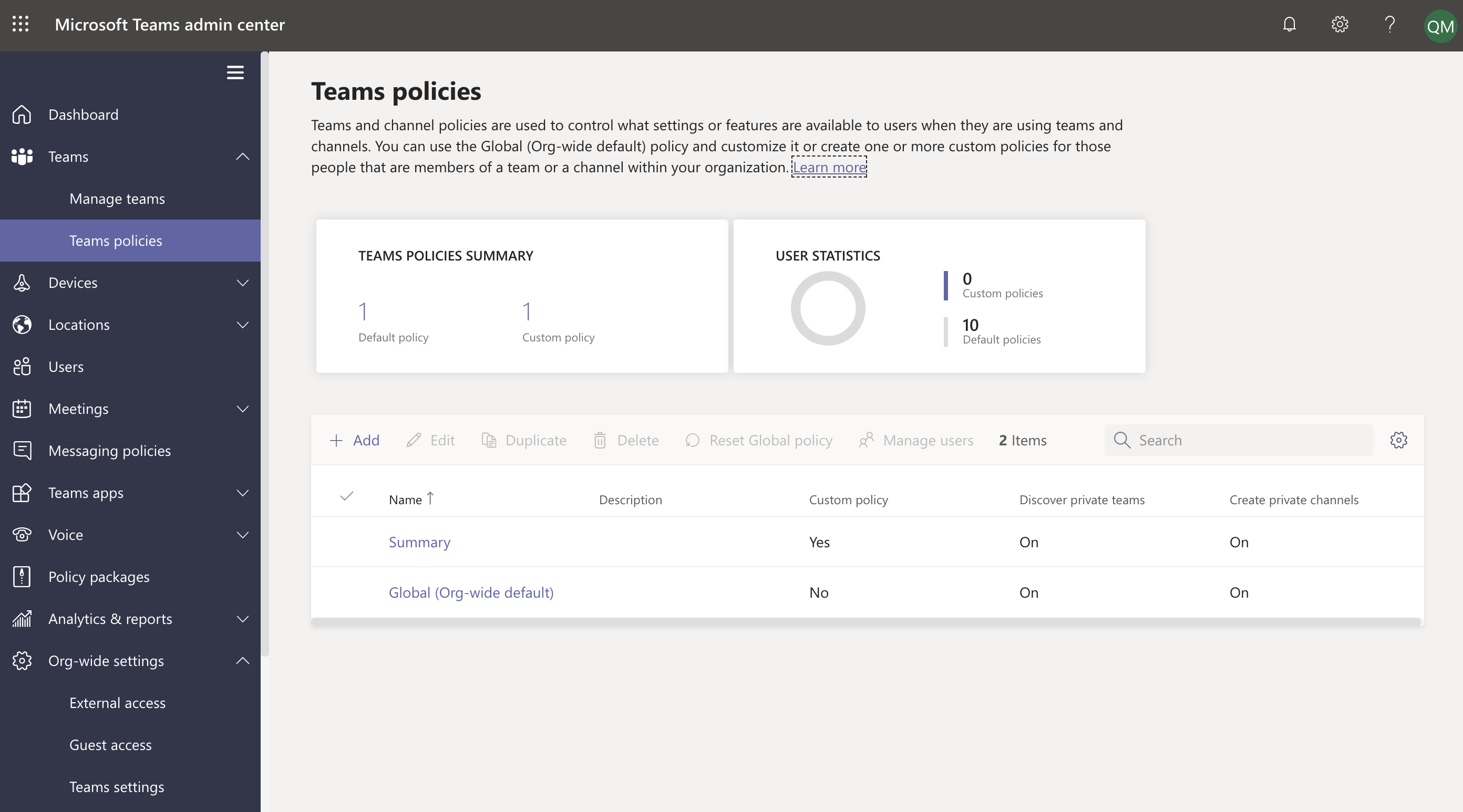 Teams policies in Teams admin center.