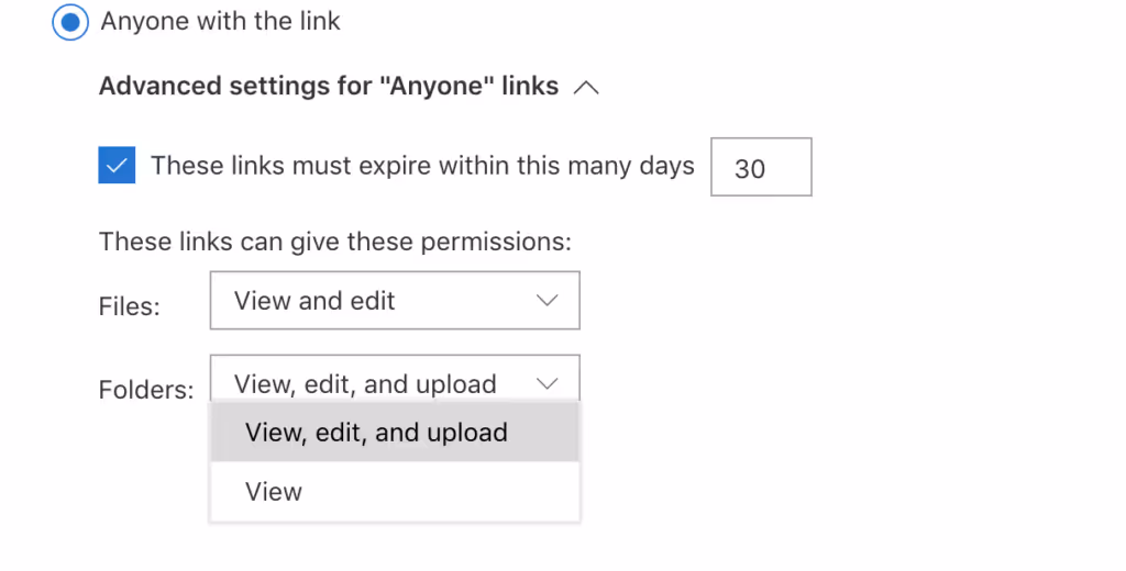 Advanced settings for "Anyone" links