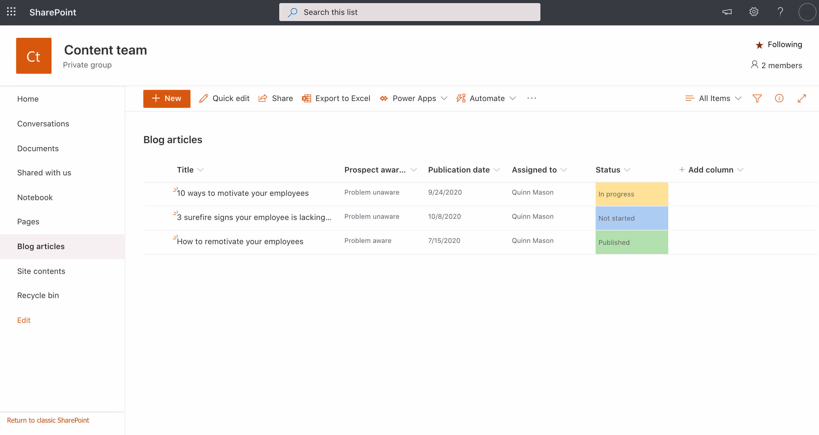 Screenshot of list in modern SharePoint